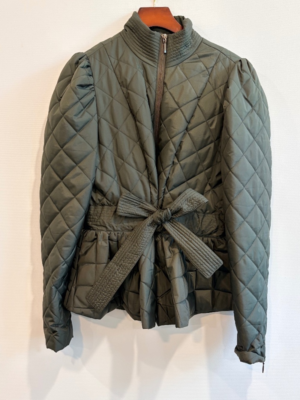 Marie Oliver Olive Green Quilted Peplum Belted Jacket Size S